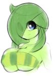  2017 big_breasts blue_eyes bra breasts clothing colored_sketch eye_through_hair female flora_fauna green_body green_hair hair hair_over_eye humanoid leaf_hair not_furry plant plantpenetrator prea short_stack simple_background sketch smile solo translucent_hair underwear white_background 