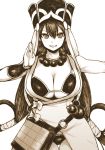  bangs bead_necklace beads bikini bikini_under_clothes bow breasts bridal_gauntlets cleavage collarbone cowboy_shot earrings eyebrows eyebrows_visible_through_hair fate/grand_order fate_(series) gourd hair_between_eyes haseru_(ginku_mh) hat hoop_earrings huge_breasts jewelry long_hair looking_at_viewer necklace o-ring prayer_beads ring simple_background solo standing straight_hair swimsuit swimsuit_under_clothes thigh_gap underboob white_background xuanzang_(fate/grand_order) 