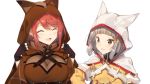  animal_ears bangs blunt_bangs blush bodysuit breasts cat_ears earrings gloves hair_ornament homura_(xenoblade_2) jewelry large_breasts multiple_girls niyah red_eyes red_hair ribbon short_hair silver_hair simple_background small_breasts smile white_gloves xenoblade_(series) xenoblade_2 yappen yellow_bodysuit yellow_eyes 