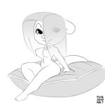  2018 4_toes bedroom_eyes big_breasts breasts digital_media_(artwork) female hair hair_over_eye half-closed_eyes lips long_hair looking_at_viewer midriff monochrome navel nude pillow quoll seductive signature smile solo toes xylas 