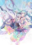  aqua_eyes aqua_hair beamed_eighth_notes boots detached_sleeves eighth_note flower hatsune_miku highres long_hair looking_at_viewer magical_mirai_(vocaloid) microphone minland4099 musical_note open_mouth outstretched_arm platform_footwear quarter_note skirt solo staff_(music) thigh_boots thighhighs twintails very_long_hair vocaloid white_legwear 