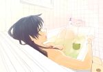  alternate_eye_color bath bathing bathroom bathtub bottle bracelet breasts brown_hair commentary_request eyebrows_visible_through_hair fate_(series) foreshortening frog green_eyes hand_tattoo indoors jewelry long_hair medium_breasts necklace nishi_tanuki nude open_mouth perspective solo sunlight tattoo thighs tile_wall tiles toosaka_rin water window 