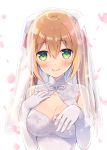  anzu_(sumisaki_yuzuna) bare_shoulders blonde_hair blush breasts bridal_veil bride cleavage closed_mouth collarbone commentary_request dress elbow_gloves eyebrows_visible_through_hair floral_print frills gloves green_eyes hair_between_eyes large_breasts long_hair looking_at_viewer original pink_petals shiny shiny_hair shiny_skin smile sumisaki_yuzuna twintails veil wedding_dress white_background white_dress white_gloves 