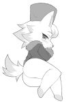  animal_crossing anthro big_butt blush bottomless butt canine clothed clothing coat covering_mouth female fur hat kemono looking_at_viewer mammal monochrome nintendo simple_background smile solo video_games washimori white_background whitney_(animal_crossing) wolf 