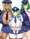  3girls belt bikini_top blonde_hair blue_eyes braid breasts curvy daiyousei eyebrows_visible_through_hair fingerless_gloves garter_straps gigantic_breasts gloves green_hair hair_between_eyes hat huge_breasts kazami_yuuka kirisame_marisa looking_at_viewer multiple_girls necktie police police_uniform policewoman red_eyes sahei shiny_skin short_hair side_ponytail simple_background skindentation sweatdrop thick_thighs thighhighs touhou white_background yellow_eyes 