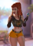  1girl abs breasts brigitte_(overwatch) brown_hair cleavage eva_solo freckles gloves highres midriff navel overwatch ponytail short_shorts shorts tank_top 