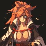  amputee baiken breasts ce-_-3 cleavage eyepatch facial_tattoo guilty_gear guilty_gear_xrd high_collar high_ponytail highres japanese_clothes kataginu katana kimono large_breasts looking_at_viewer obi one-eyed open_clothes open_kimono petals pink_hair ponytail red_eyes samurai sash scar scar_across_eye sheath solo sword tattoo weapon 