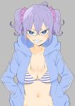  absurdres blue_eyes breasts cleavage donguri_suzume grey_background grin hair_between_eyes hair_ornament hair_scrunchie hands_in_pockets highres hood hooded_jacket hoodie jacket large_breasts looking_at_viewer navel open_clothes open_hoodie original purple_hair purple_scrunchie scrunchie sharp_teeth short_twintails simple_background smile solo striped_bikini_top teeth tsurime twintails 