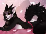  anthro black_sclera breast_rest breasts canine cheek_tuft clothed clothing feathers female fur hair horn inner_ear_fluff long_hair lying mammal manikanika multicolored_fur on_front partially_clothed raised_tail side_boob solo tuft two_tone_fur yellow_eyes 