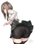  artist_name ass black_legwear black_shorts black_skirt brown_eyes brown_hair dated headgear kantai_collection long_sleeves open_mouth pleated_skirt rokuwata_tomoe short_hair shorts simple_background skirt solo standing taihou_(kantai_collection) thighhighs twitter_username white_background 