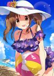  :d ball bare_shoulders beach beachball bikini bikini_skirt blue_bow blue_sky blush bow breasts brown_eyes brown_hair cleavage cloud commentary day detached_sleeves floral_print flower_ornament frilled_bikini frills from_below hair_bow halter_top halterneck hat idolmaster idolmaster_cinderella_girls jewelry large_breasts looking_at_viewer medium_hair necklace ocean open_mouth print_bikini purple_bikini seashell seashell_necklace shadow shell sky smile solo sun_hat swimsuit totoki_airi twintails white_hat yunion_(sibujya) 
