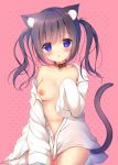  animal_ears bangs black_hair blue_eyes blush breasts cat_ears collar cowboy_shot eyebrows_visible_through_hair head_tilt long_hair long_sleeves looking_at_viewer medium_breasts naked_shirt navel nipples no_bra open_clothes open_mouth original oversized_clothes pink_background shibainu_niki shirt sidelocks sleeves_past_wrists solo standing tail twintails white_shirt 