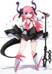  ass_visible_through_thighs asymmetrical_horns blue_eyes commentary_request curled_horns dragon_girl dragon_tail elizabeth_bathory_(fate) elizabeth_bathory_(fate)_(all) fate/extra fate/extra_ccc fate_(series) highres horns karukan_(monjya) long_hair looking_at_viewer pink_hair plaid plaid_skirt pointy_ears polearm sarkany_csont_landzsa skirt solo spear tail weapon 