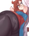  android_21 armpits ass black_nails blue_eyes breasts brown_hair covered_nipples dragon_ball dragon_ball_fighterz glasses glo-s-s highres large_breasts licking_lips looking_at_viewer nail_polish panties panties_under_pantyhose pantyhose simple_background skirt_rise smile solo tongue tongue_out underwear 