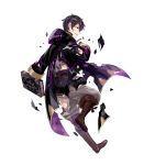  bangs black_hair book boots brown_footwear detached_sleeves dirty_face fire_emblem fire_emblem:_kakusei fire_emblem_heroes full_body gloves highres holding holding_book hood hood_down knee_boots leg_up long_coat long_sleeves male_focus mark_(fire_emblem) mark_(male)_(fire_emblem) official_art pants parted_lips puffy_pants purple_eyes short_hair solo tobi_(kotetsu) torn_clothes transparent_background 