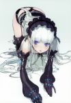  absurdres all_fours black_gloves black_legwear black_panties blue_eyes breasts broken broken_chain chaika_trabant chain cleavage detached_sleeves eyebrows_visible_through_hair full_body garter_straps gloves gradient gradient_background grey_background highres hitsugi_no_chaika long_hair looking_at_viewer namaniku_atk open_mouth panties silver_hair small_breasts solo thighhighs underwear very_long_hair 
