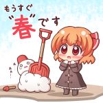  :o blush brown_coat brown_footwear chibi coat commentary_request eyebrows_visible_through_hair full_body grouse01 hair_ribbon mittens orange_hair partial_commentary pink_scarf red_eyes red_ribbon ribbon rumia scarf short_hair shovel snowman solo standing touhou translated winter_clothes 