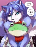  2018 amphibian anthro black_nose blue_fur blue_hair canine clothing dialogue dipstick_tail duo english_text eunnieverse fangs female fox frog fur green_eyes hair hat headband krystal long_hair male mammal markings multicolored_tail naughty_face nervous nintendo open_mouth sharp_teeth short_hair signature size_difference slippy_toad smile star_fox tailband teeth text video_games white_fur 