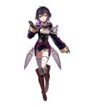  armor bangs black_hair boots brown_footwear buttons detached_sleeves dress fire_emblem fire_emblem:_kakusei fire_emblem_heroes flat_chest full_body gloves highres hood hood_down knee_boots long_sleeves looking_at_viewer looking_away mark_(female)_(fire_emblem) mark_(fire_emblem) official_art open_mouth purple_eyes short_dress short_hair smile solo standing thighhighs tobi_(kotetsu) transparent_background white_legwear zettai_ryouiki 