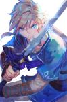  azutarou blonde_hair blue_hair holding holding_sword holding_weapon link long_hair looking_at_viewer male_focus master_sword pointy_ears short_hair simple_background solo sword the_legend_of_zelda the_legend_of_zelda:_breath_of_the_wild triforce two-handed weapon 