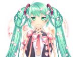  bad_id bad_pixiv_id bangs bare_shoulders blush bow braid bridal_gauntlets closed_mouth commentary_request eyebrows_visible_through_hair green_eyes green_hair hair_ornament hair_rings hatsune_miku levka long_hair looking_at_viewer necktie pink_bow pink_neckwear shirt sidelocks sleeveless sleeveless_shirt smile solo striped striped_bow twintails very_long_hair vocaloid white_background white_shirt 