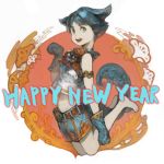  animal_ears aqua_eyes armlet bare_legs barefoot bell belt black_hair breasts circle dog_ears dog_tail english gloves jumping legs_up looking_at_viewer midair midriff navel new_year open_mouth original shorts sketch sleeveless small_breasts smile solo tail tko_(kkk66) 