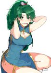  1girl absurdres bare_shoulders blush breasts china_dress chinese_clothes dotentity dress fire_emblem fire_emblem:_rekka_no_ken green_eyes green_hair high_ponytail highres large_breasts long_hair looking_at_viewer lyndis_(fire_emblem) pelvic_curtain ponytail side_slit simple_background smile solo very_long_hair white_background 