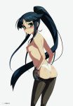  absurdres ass black_hair black_legwear blush breasts dressing eyebrows_visible_through_hair floating_hair from_behind gloves green_eyes grey_background grey_gloves high_ponytail highres long_hair looking_at_viewer minato_hikaru namaniku_atk nipples panties pantyhose pantyhose_pull parted_lips scan shiny shiny_skin simple_background small_breasts solo soukou_akki_muramasa standing topless underwear very_long_hair white_panties 