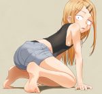  all_fours bare_shoulders barefoot black_tank_top blonde_hair breasts commentary dagashi_kashi ear_piercing endou_saya eyebrows_visible_through_hair fang feet hair_ornament hairclip highres long_hair looking_at_viewer parted_lips piercing sanpaku sat-c short_shorts shorts sideboob simple_background small_breasts soles solo tank_top 