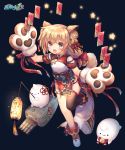  :d animal_ears asymmetrical_legwear bangs black_background black_footwear black_legwear blonde_hair blush boots character_request commentary_request copyright_name dog_ears dog_girl dog_tail double_bun dress eyebrows_visible_through_hair full_body gloves hair_between_eyes jiang-ge lantern long_hair looking_at_viewer official_art open_mouth paper_lantern paw_gloves paws pelvic_curtain red_dress short_dress short_sleeves side_bun single_thighhigh smile solo standing standing_on_one_leg tail thick_eyebrows thighhighs zhan_jian_shao_nyu 