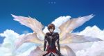  armor blue_sky brown_hair fingerless_gloves gloves granblue_fantasy hood hood_down male_focus multiple_wings red_eyes rowya sandalphon_(granblue_fantasy) seraph short_hair sky smile solo wings 