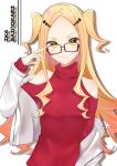  bangs blonde_hair brown-framed_eyewear character_name commentary_request forehead fur-trimmed_jacket fur-trimmed_sleeves fur_trim glasses grin gyozanuko hair_ornament highres jacket lightning_bolt long_hair off_shoulder parted_bangs red_shirt ryuuou_no_oshigoto! sainokami_ika sharp_teeth shirt shoulder_cutout smile solo symbol-shaped_pupils teeth two_side_up very_long_hair white_background white_jacket yellow_eyes 
