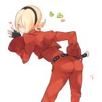  1boy androgynous ash_crimson ass blonde_hair blue_eyes blush fingerless_gloves freckles gloves hair_over_one_eye heart kanameko king_of_fighters leaning leaning_forward looking_at_viewer pants red_pants short_hair smile snk solo the_king_of_fighters trap 