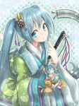  akino_coto aqua_eyes aqua_hair character_doll closed_fan commentary_request fan folding_fan hair_ornament hatsune_miku highres holding holding_fan japanese_clothes kimono layered_clothing layered_kimono long_hair looking_at_viewer nail_polish open_mouth revision solo twintails vocaloid 