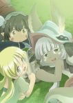  2girls animal_ears blonde_hair book brown_eyes brown_hair claws clenched_hand commentary eyebrows_visible_through_hair fang furry gauntlets glasses grass green_eyes hairband helmet highres holding holding_book looking_at_viewer lying made_in_abyss mizuki_hitoshi multiple_girls nanachi_(made_in_abyss) on_stomach open_mouth pointy_ears regu_(made_in_abyss) riko_(made_in_abyss) shirt short_sleeves sidelocks smile tail twintails whiskers white_hair 