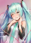  ;d aqua_eyes aqua_hair aqua_neckwear bangs bare_shoulders blush breasts collared_shirt commentary_request detached_sleeves eyebrows_visible_through_hair gradient gradient_background grey_shirt hand_on_own_face hands_on_own_face hatsune_miku highres long_hair long_sleeves looking_at_viewer md5_mismatch necktie one_eye_closed open_mouth round_teeth shiny shiny_hair shirt small_breasts smile solo takanashi_kei_(hitsujikan) teeth twintails very_long_hair vocaloid wing_collar 