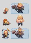  &gt;:) &gt;_&lt; 1girl :d age_progression alcohol awestruck beard beer blonde_hair brigitte_(overwatch) brown_hair casual cat commentary facial_hair facial_scar flag freckles grey_background grin hammer highres miniboy minigirl one_eye_closed open_mouth overwatch ponytail puptum reinhardt_(overwatch) scar shield short_twintails simple_background smile tank_top teeth tongue tongue_out twintails v-shaped_eyebrows weapon welding_mask whiskers_(overwatch) xd younger 