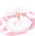  1girl akazutsumi_momoko bouquet bride cckk dress earrings feathers hair_ribbon orange_hair pink_eyes powerpuff_girls_z tiara 