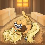  2018 applejack_(mlp) areola blonde_hair clothing earth_pony equine eyelashes female feral friendship_is_magic green_eyes hair hay hay_bale hi_res hooves horn horse inside lactating long_hair looking_at_viewer lying mammal my_little_pony nipples on_back open_mouth pony presenting presenting_pussy presenting_teats pussy pussy_juice solo spread_legs spreading teats thexiiilightning underhoof 