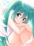  39 bangs blush commentary_request dated eyebrows_visible_through_hair feathers green_eyes green_hair hatsune_miku leg_hug long_hair looking_at_viewer smile snowmi solo twintails vocaloid white_background wings 