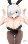  alternate_costume animal_ears artist_name black_leotard blue_eyes breasts bunny_ears bunny_girl bunnysuit cleavage collarbone cowboy_shot dated eyebrows_visible_through_hair fake_animal_ears hair_ornament hair_over_one_eye hairclip hamakaze_(kantai_collection) highres kantai_collection large_breasts leaning_forward leotard looking_at_viewer mizuyan open_mouth pantyhose short_hair silver_hair simple_background solo standing thigh_gap white_background 