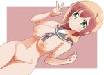  bangs blonde_hair blush breasts dutch_angle green_eyes inverted_nipples large_breasts long_hair looking_at_viewer naruse_mai navel nipples nude pink_background pussy sailor_collar simple_background slow_start smile solo thigh_gap tokura_eiko v 