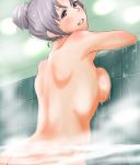  akitsushima_(kantai_collection) ass bath blush breast_press breasts commentary_request hair_bun highres kantai_collection large_breasts long_hair looking_at_viewer looking_back nape nude pink_hair shoulder_blades sideboob smile solo steam tama_(seiga46239239) 