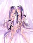  absurdly_long_hair armlet bracelet choker dress euryale fate/grand_order fate/hollow_ataraxia fate_(series) hairband highres jewelry long_hair mitu-yuki multiple_girls on_bed open_mouth purple_eyes purple_hair ring sitting sitting_on_bed stheno twintails very_long_hair 