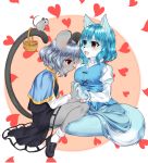  2girls animalization artist_request blue_eyes character_request dog furry grey_hair heterochromia mouse multiple_girls red_eyes short_hair teal_hair touhou 