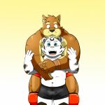  ainro black_pants boots canine clothed clothing dog duo feline footwear kenta_shiba_(character) male mammal muscular muscular_male shiba-kenta shiba_inu shorts smile tiger topless wrestling_briefs 