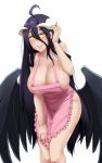  ahoge albedo apron black_hair black_wings blush breasts cleavage cowboy_shot demon_girl demon_horns feathered_wings hair_between_eyes horns large_breasts leaning_forward long_hair looking_at_viewer low_wings naked_apron overlord_(maruyama) parted_lips pink_apron simple_background smile solo twrlare white_background wings yellow_eyes 