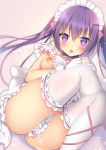  apron ass bangs blush bow bowtie breasts cowboy_shot crossed_legs cum detached_collar eyebrows_visible_through_hair frilled_apron frills frown gochuumon_wa_usagi_desu_ka? hair_ornament hairclip heart looking_at_viewer medium_breasts naked_apron nipples open_mouth purple_eyes purple_hair rabbit_house_uniform shadow shibainu_niki solo tedeza_rize thighhighs twintails waitress white_apron white_legwear 