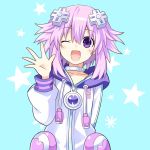  d-pad d-pad_hair_ornament hair_ornament hand_up highres looking_at_viewer neptune_(choujigen_game_neptune) neptune_(series) official_style one_eye_closed open_mouth purple_eyes purple_hair short_hair smile zero_(ray_0805) 
