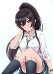 black_hair blush breasts diesel-turbo eyebrows_visible_through_hair idolmaster idolmaster_shiny_colors jewelry large_breasts long_hair looking_at_viewer necklace necktie pleated_skirt ponytail school_uniform shirase_sakuya sitting skirt smile solo white_background yellow_eyes 